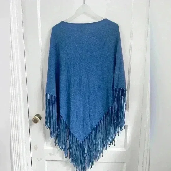 Minnie Rose Cashmere Blue Cowl Neck Open Stitch Poncho with Fringe One Size - Picture 4 of 4